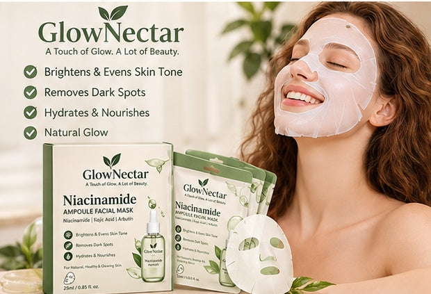 Woman wearing GlowNectar Dewy Glow sheet mask