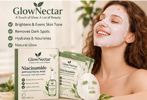 Woman wearing GlowNectar Dewy Glow sheet mask